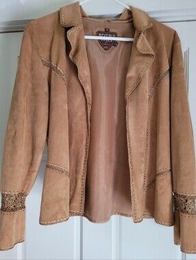 'BEVERLY HILLS LEATHER CLUB' Tan Suede Open-Front Jacket with Decorative Cutwork